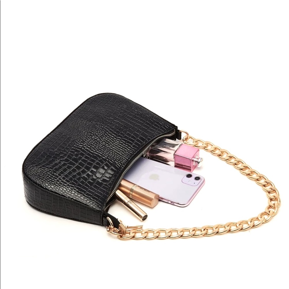 NWOT Black Crocodile Embossed Baguette Bag - Picture 2 of 4